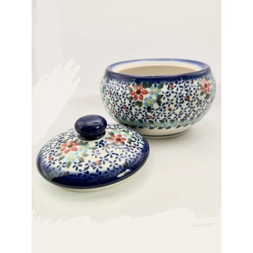 Ceramika Boleslawiec Handmade Blue & White Floral Ceramic Jar with Lid 6” Dia